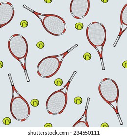 Tennis racket and ball on a gray background, seamless pattern