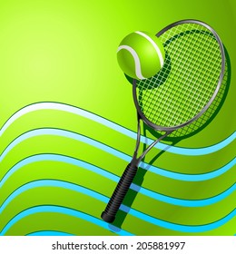 Tennis Racket and Ball on Green Background