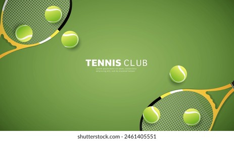 Raqueta de tenis y pelota de tenis sobre fondo verde con espacio de copia para texto, Ilustración para el concepto deportivo de tenis, Ilustración vectorial EPS 10