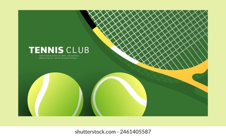 Raqueta de tenis y pelota sobre fondo verde, cancha interior para su uso en eventos deportivos en línea, ilustración para el concepto deportivo de tenis, Ilustración vectorial EPS 10