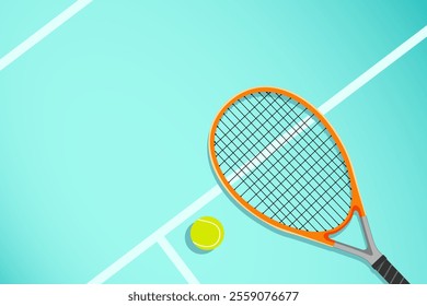 tennis racket with tennis ball on green court no people, closeup sport accessories vector illustration sport gradient background. eps10.