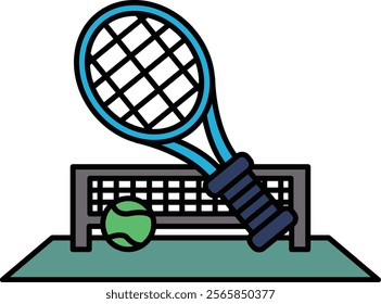 A tennis racket and ball are on a mat. The racket is blue and the ball is green