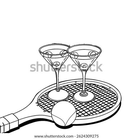 Tennis racket and ball and on the racket two wine glasses hand drawn, flat design. Tennis racket icon vector. Tennis accessories. Vector illustration.