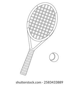 Tennis racket and ball on a white background. Black and white. Popular sports. Vector illustration for children's coloring book, print, worksheet.