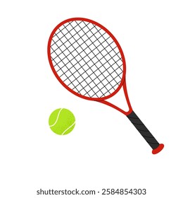 Tennis racket and ball on white background. Sports equipment. For designs team sports and outdoor activity themes. Vector illustration.