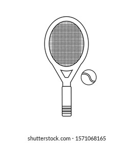 Tennis racket and tennis ball. Outline drawing on a white background. Vector illustration