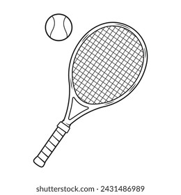 Raqueta de tenis y dibujo de contorno de pelota ilustración vectorial de estilo clipart, logotipo de tenis