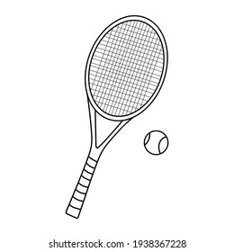 Tennis racket and ball. Outline icon or sketch. Sports equipment for tennis game. Vector illustration.