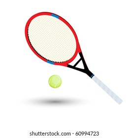 A tennis racket and ball over white background