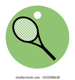 Raqueta de tenis e icono verde redondo de bola. Ilustración aislada del vector.