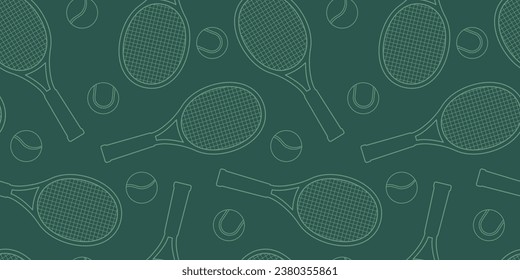 Tennis racket and ball seamless pattern background. Tennis equipment outline illustration. 