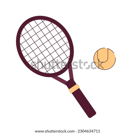 Tennis racket with ball semi flat colour vector object. Playing tennis tournament. Active lifestyle. Editable cartoon clip art icon on white background. Simple spot illustration for web graphic design