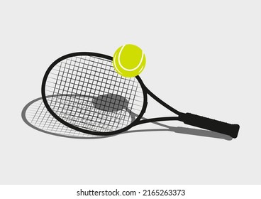 Tennisschläger und Ball mit Schatten einzeln auf grauem Hintergrund. 