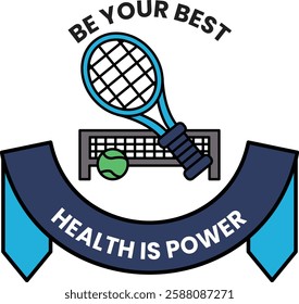 A tennis racket and ball are shown with the words in the style of sign illustrations