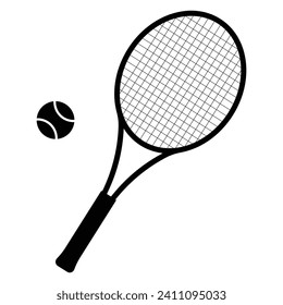 Tennis racket with ball silhouette. Icon of racquet for court. Logo rocket. Sport equipment for game, match, competition. Club of badminton. Vector