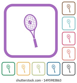 Tennis racket with ball simple icons in color rounded square frames on white background