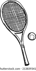 Tennis racket and ball. Sport equipment in hand drawn style