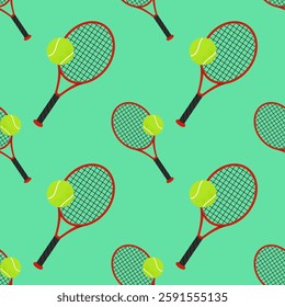 Tennis racket and ball. For sports themes, outdoor games and team activity concepts. Seamless pattern for textile, wrapping paper, background.