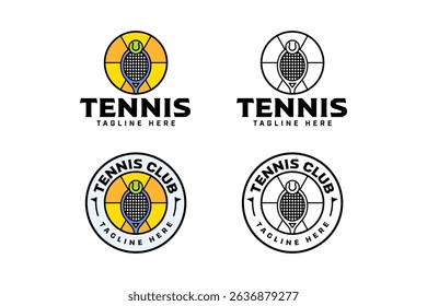tennis racket, ball with sunset line art illustration logo design. tennis racquet, ball with sunset, sunburst circle badge logo design set for tennis sport club and tournament