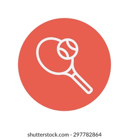 Tennis racket with ball thin line icon for web and mobile minimalistic flat design. Vector white icon inside the red circle.