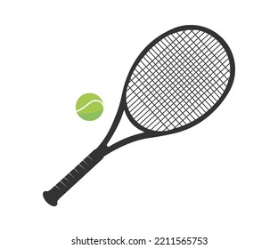 Tennis racket and ball in trendy flat style logo design. The concept of outdoor game sports. Flat lay. Professional tennis equipment vector design and illustration.