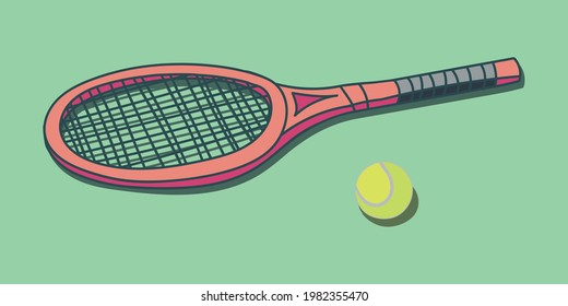 Tennis Racket con una ilustración de un doodle de bolas de tenis. Gráfico, simple, dibujado a mano, garabato, cómic.