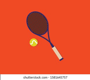 Tennis racket and ball vector graphic design with orange background.