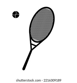 Raca de tenis e icono del vector de bolas Silución negra aislada en blanco