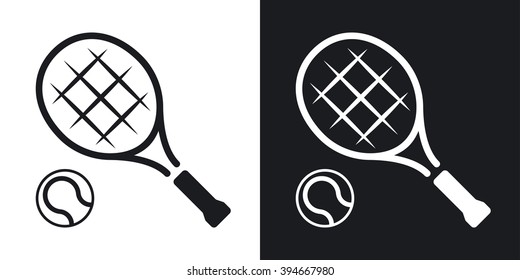 Tennis racket and tennis ball, vector icon. Two-tone version on black and white background