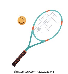 Tennis racket with ball vector illustration isolated on white background. Sport equipment for game, match, competition.