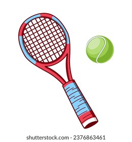 Tennis racket and ball. Vector illustration in doodle technique