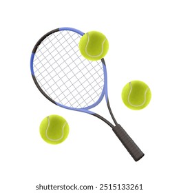 Tennis racket and balls 3D illustration in realistic cartoon style. Tennis racket with tennis balls isolated on white background. Sport equipment for athletes, play tennis concept, banner, advertising