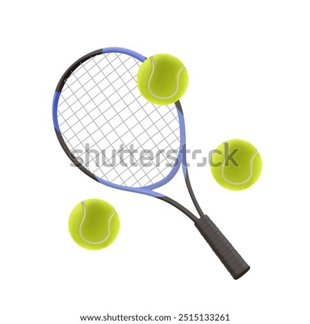 Tennis racket and balls 3D illustration in realistic cartoon style. Tennis racket with tennis balls isolated on white background. Sport equipment for athletes, play tennis concept, banner, advertising