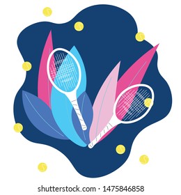 Tennis racket and balls with colorful plant on dark blue background