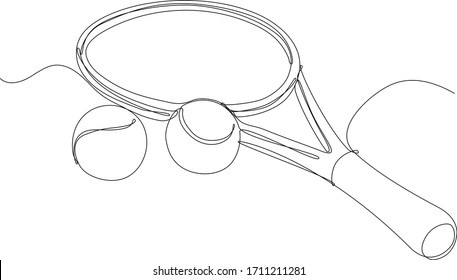 Tennis, racket and balls. Continuous line digital illustration on white background.