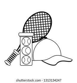 tennis racket balls and hat black and white