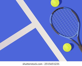 Raqueta de tenis y bolas en la pista de ilustración 3D en estilo realista de dibujos animados para el Anuncio. Clases de tenis o concepto de torneo. Equipo del deporte para los atletas, concepto del tenis del juego, Anuncio, publicidad