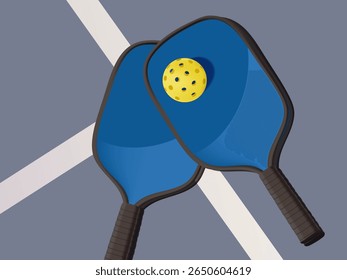 Tennis racket and balls on court 3D illustration in realistic cartoon style for banner. Tennis classes or tournament concept. Sport equipment for athletes, play tennis concept, banner, advertising