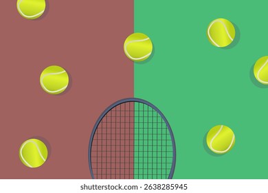 Tennis racket and balls on divided into two colors background. Minimalist sports vector illustration for banner, app, social media, brochure, promo, flyer.