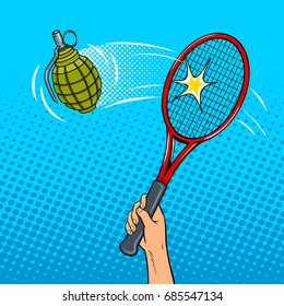 Tennis racket beats a hand grenade pop art style vector illustration. Comic book style imitation