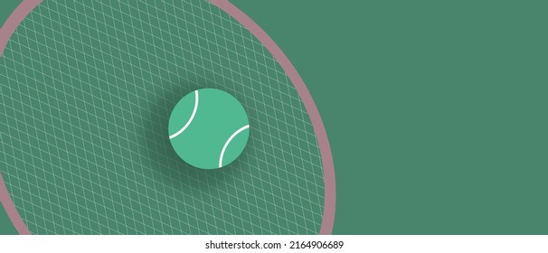 Tennis racket close-up. Copy space for design. Flat vector stock illustration. Template with space for text on green background