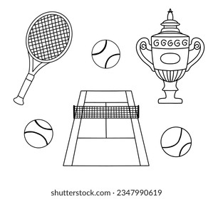 Tennis racket, court and ball doodle icon set. Vector outline simple sketch