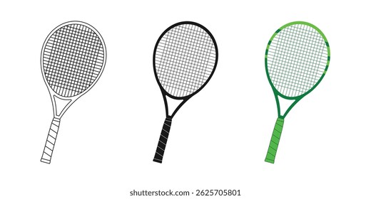 tennis racket design set, line style, black and colored. editable vector eps 10