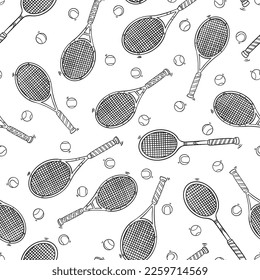 El doodle de raqueta de tenis es un patrón sin fisuras. Fondo de ilustración vectorial de ilustración de caricatura. Para impresión, textil, web, decoración doméstica, moda, superficie, diseño gráfico