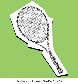 Raquete de tênis pontilhado elemento de colagem em um vetor de papel rasgado, criado com pontilhismo. Representação artística texturizada para temas esportivos, tênis, equipamentos de jogos ou paixão atlética