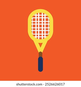 Icono plano de la raqueta de tenis en el fondo para el Web y el diseño móvil del App. Diseño de elemento de ilustración de raqueta de tenis amarillo sobre fondo naranja. Diseño gráfico de equipo deportivo de tenis