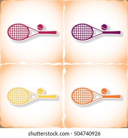 Tennis racket. Flat sticker with shadow on old paper. Vector illustration