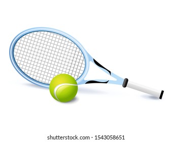 Tennis racket and green ball icon isolated, sports equipment, vector illustration