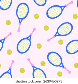 Tennis racket and green ball seamless pattern. Sport playing game equipment backdrop.Vector illustrations. 
