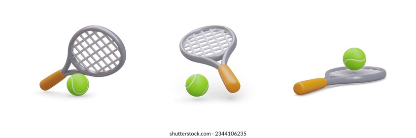 Tennis racket, green ball. Set of vector images on white background. Sports icons. Object in different positions. Illustrations for site of tennis school, equipment store